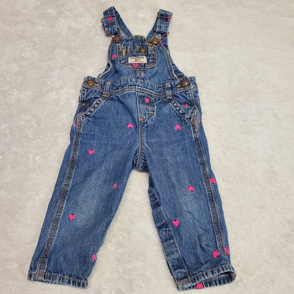 Oshkosh Denim Pink‎ Heart Embroidered Overalls Jumper Girls 12 months Kidcore